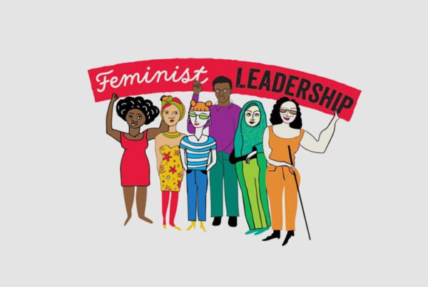 Illustration of diverse people in colorful outfits holding a banner that reads "feminist leadership"