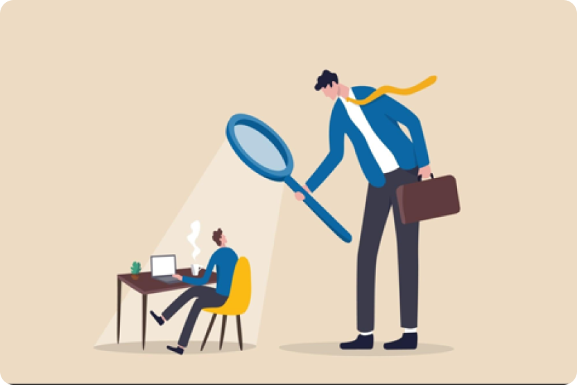 Illustration of a boss holding a magnifying lens over an employee