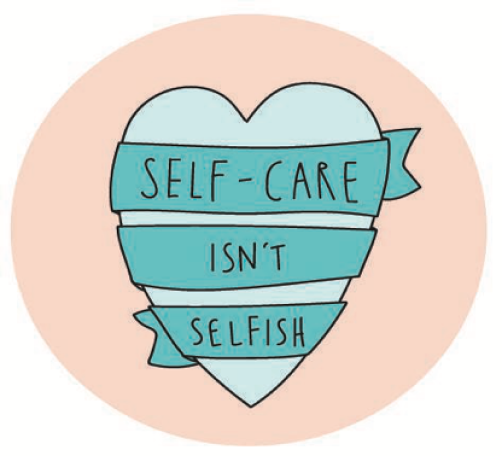 blue heart with a banner reading "self-care isn't selfish" on a pink backgroun