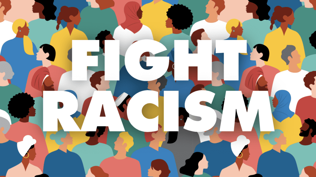 illustration of different colors of people with the words fight racism