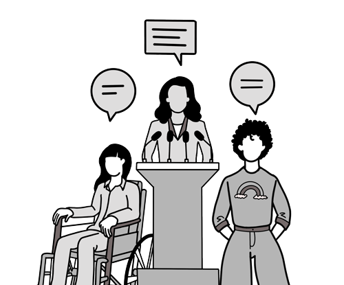 Black and white drawing of three diverse people, one in a wheelchair and one in a podium, with speech bubbles.