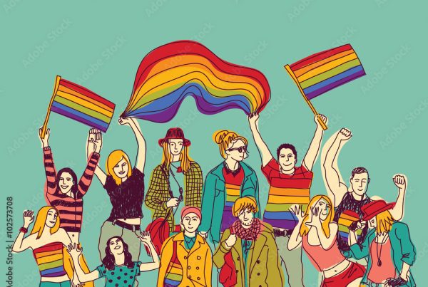 drawing of many people in ranbow clothing and holding rainbow flags