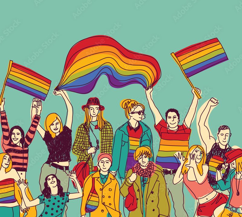 drawing of many people in ranbow clothing and holding rainbow flags