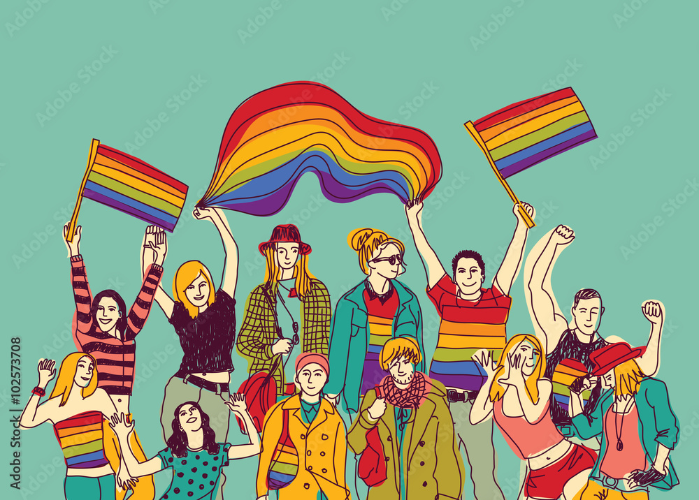 drawing of many people in ranbow clothing and holding rainbow flags