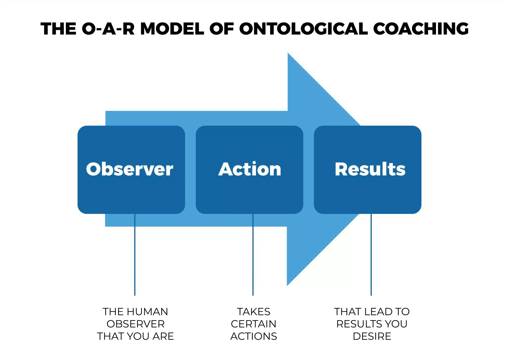 infografía sobre el modelo O A R de coaching ontológico: observador, acción, resultados