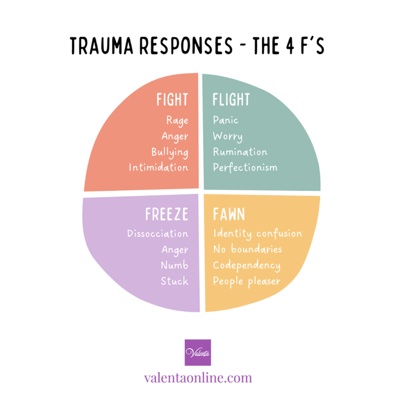 Infographic showing the four trauma responses fight flight freeze fawn