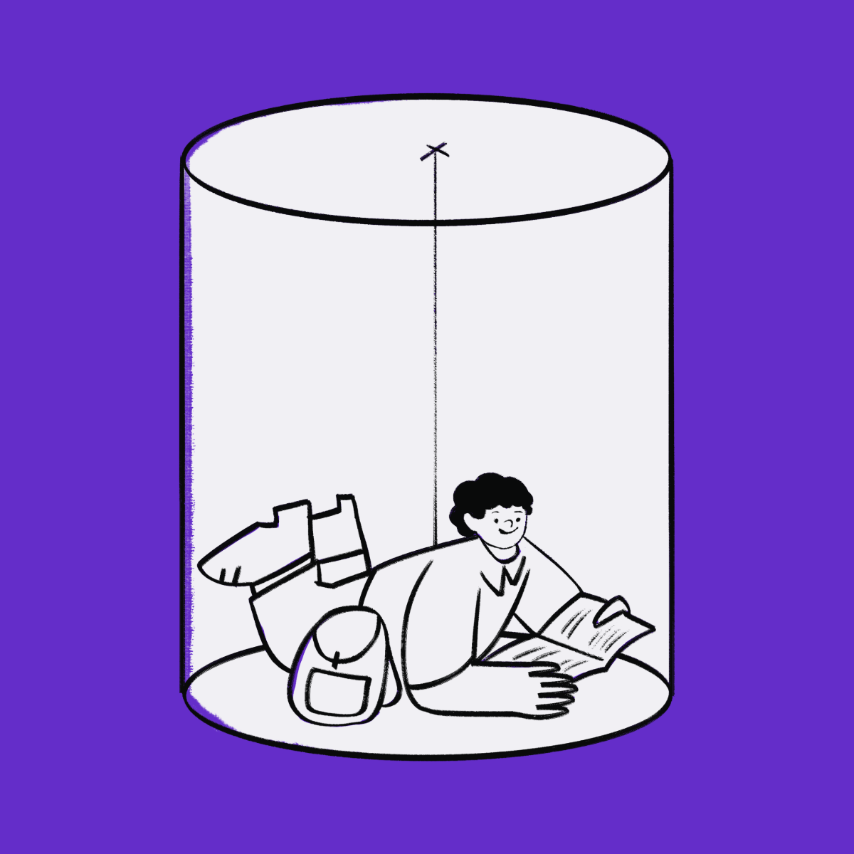 Person reading inside a cylinder